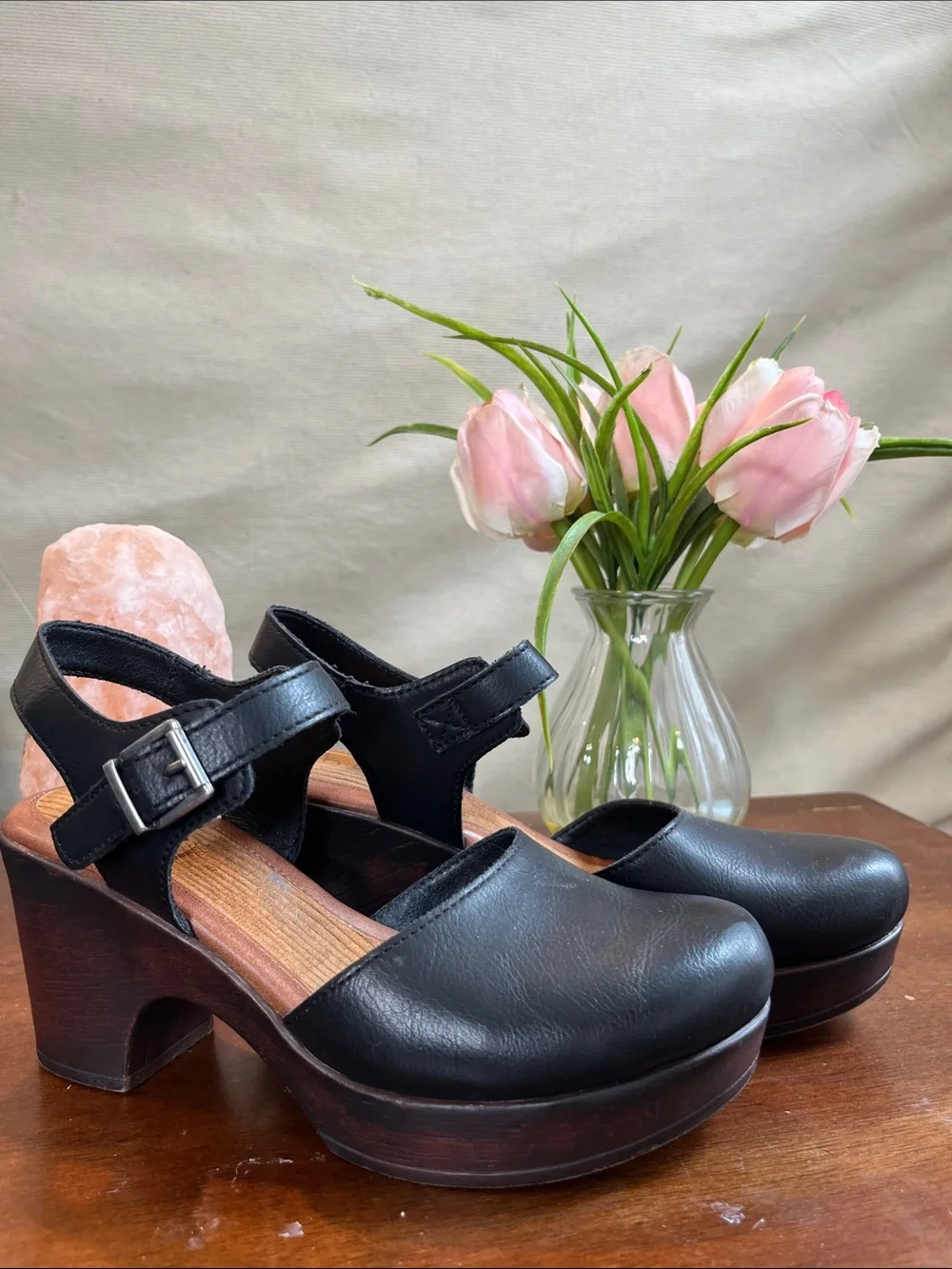 b.o.c Black Leather Closed Toe Platform Clog Heels with Ankle Strap